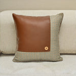 Houndstooth with Solid Patch Fabric and Leatherette 16' x 16' Cushion Cover (Beige & Tan)