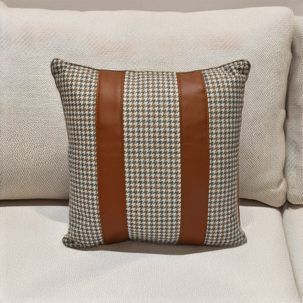 Houndstooth with Straps Fabric & Leatherette 16" x 16" Cushion Cover (Beige & Tan)