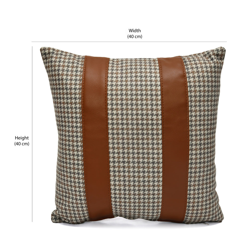 Houndstooth with Straps Fabric & Leatherette 16" x 16" Cushion Cover (Beige & Tan)