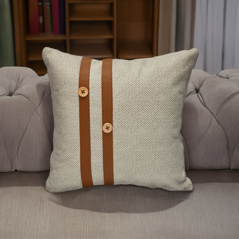 Abstract with Straps Fabric & Leatherette 16' x 16' Cushion Cover (Beige & Brown)