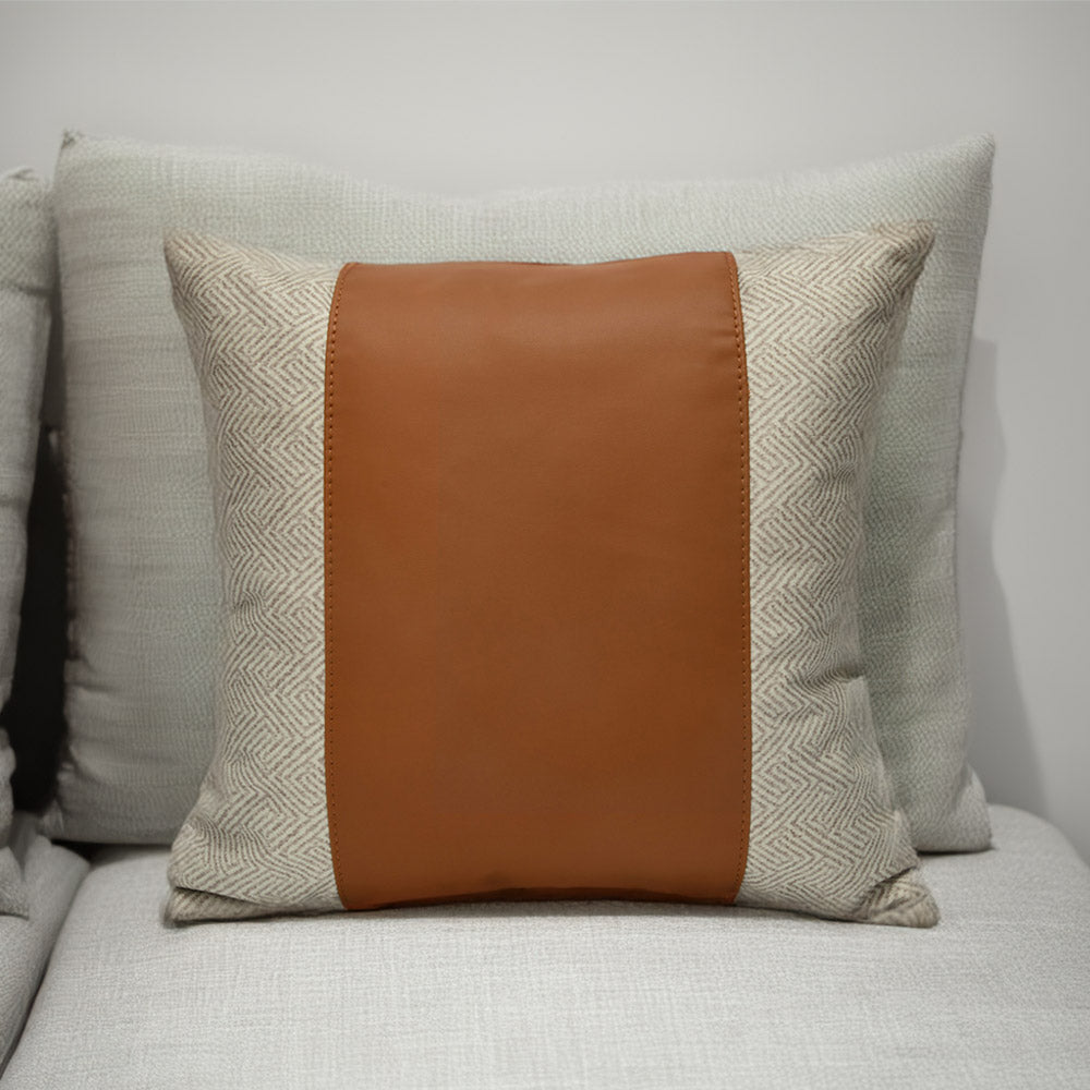 Abstract with Plain Strap Fabric & Leatherette 16' x 16' Cushion Cover (Beige & Brown)