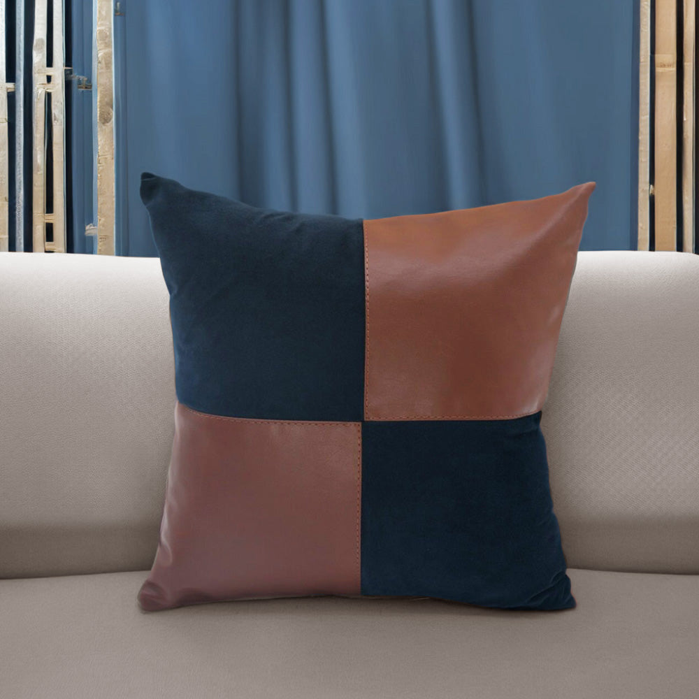 Checkered Fabric & Leatherette 16" x 16" Cushion Cover (Blue & Brown)