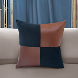 Checkered Fabric & Leatherette 16" x 16" Cushion Cover (Blue & Brown)