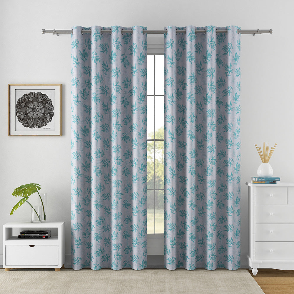 Leaf Design 7 Ft Polyester Door Curtains Set of 2 (Seagreen)