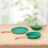 Arias by Lara Dutta Non-Stick Fry Pan With Dosa Tawa and Kadhai With Lid Set of 3 (Emerald)