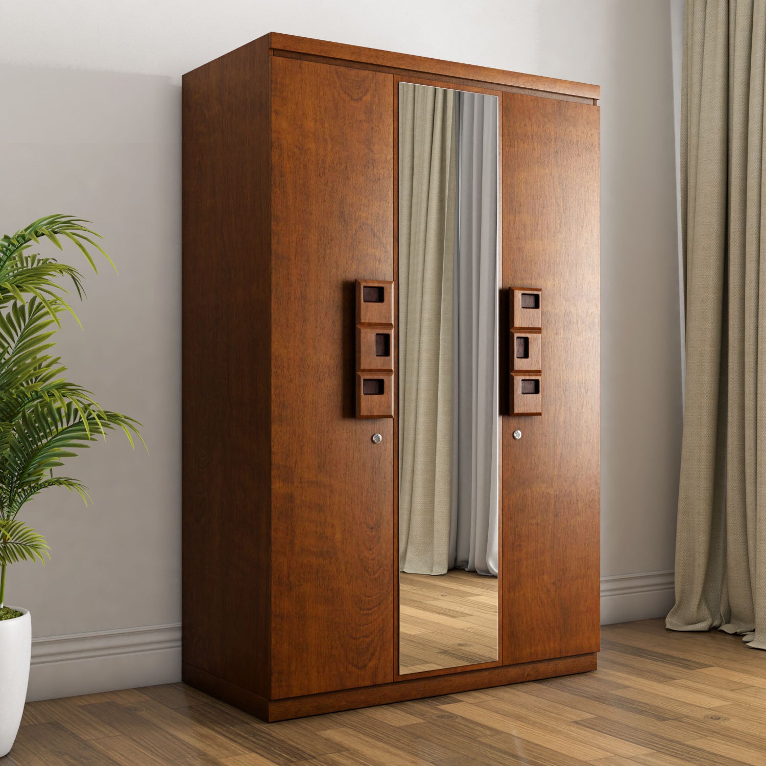 Hedron 3 Door Wardrobe With Mirror (Antique Cherry)