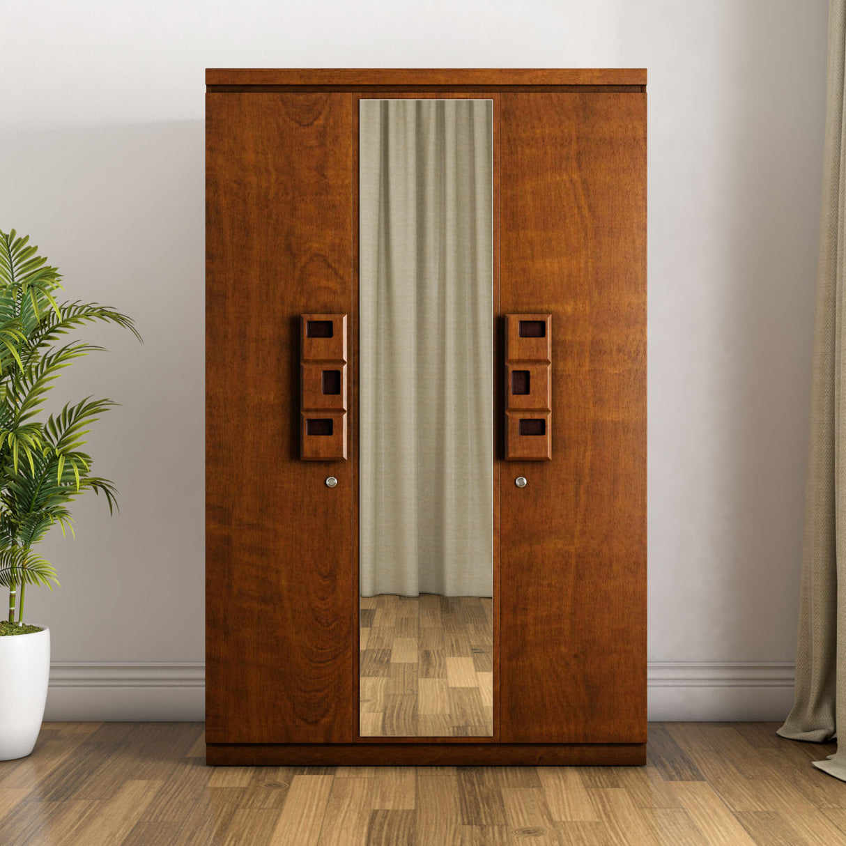 Hedron 3 Door Wardrobe With Mirror (Antique Cherry)