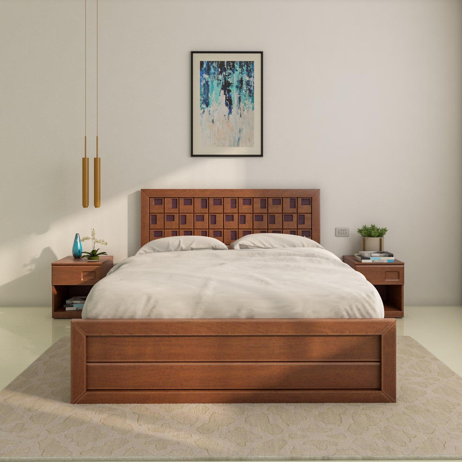 Hedron Queen Bed With Box Storage (Antique Cherry)