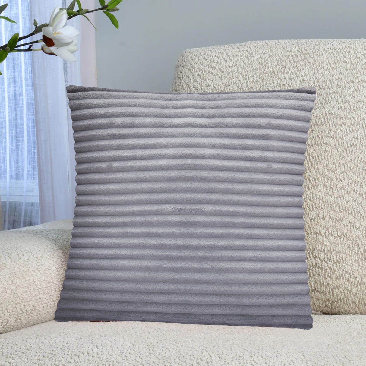 Fluted Flannel Polyester 16" x 16" Filled Cushion (Grey)