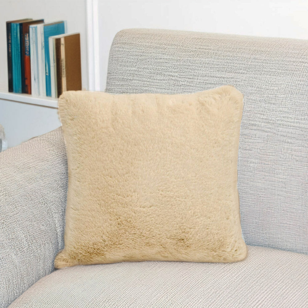 Soft Fur Polyester 16" x 16" Filled Cushion (Beige)