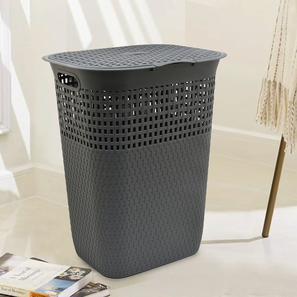 Rectangular 55 L Polypropylene Laundry Basket with Lid (Grey)