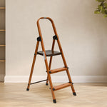 3 Steps Wooden Finished Foldable Aluminium Ladder (Brown)