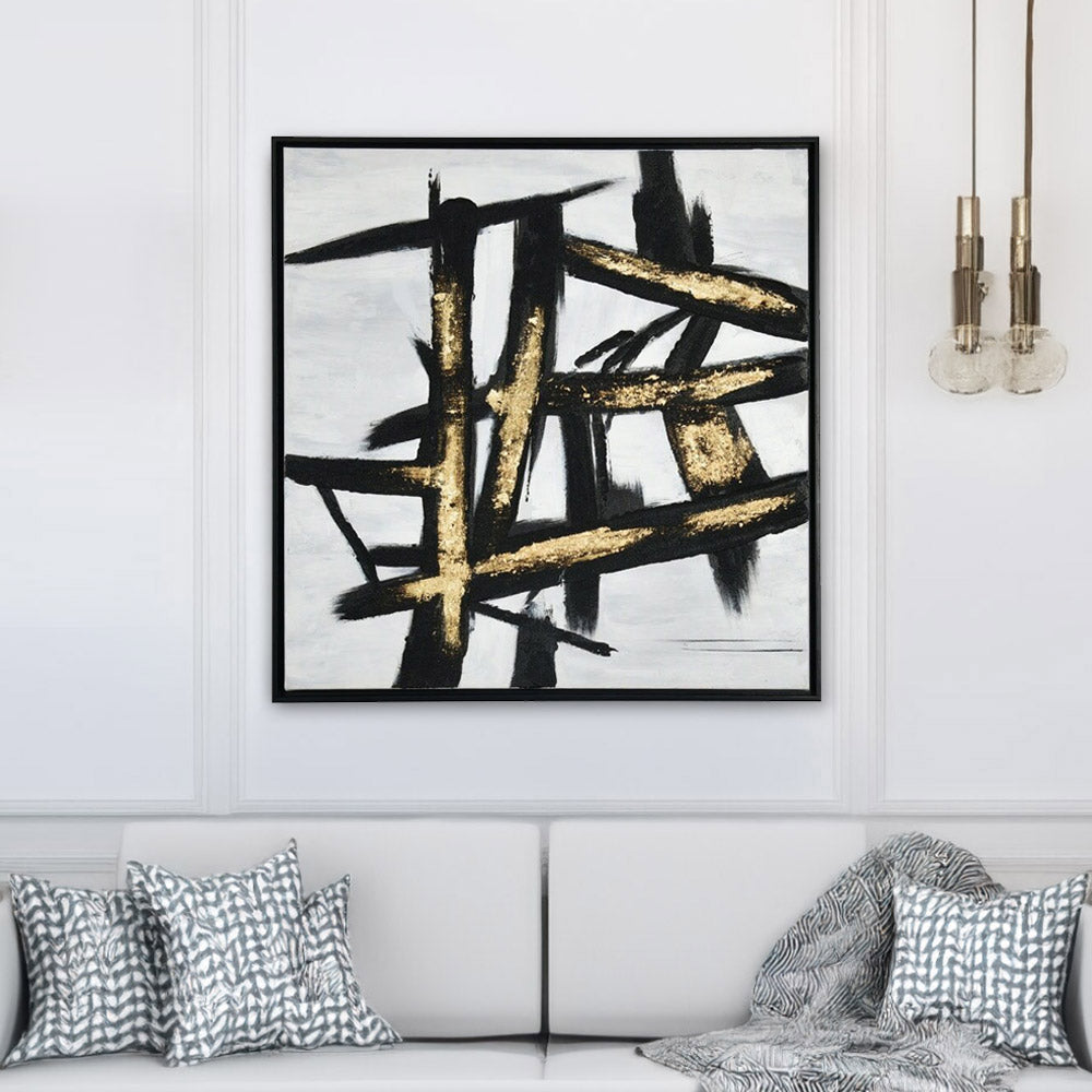 Criss Cross Design Canvas Wall Painting (Black & Gold)