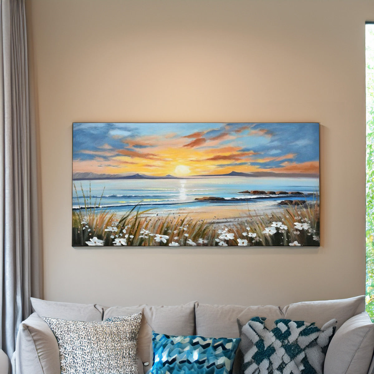 Sunrise Beach Canvas Wall Painting (Blue)