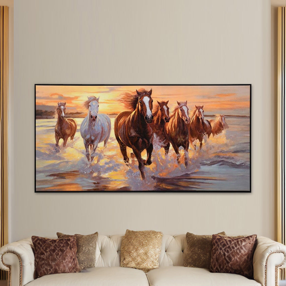 Seven Horses On Water Canvas Wall Painting (Brown)