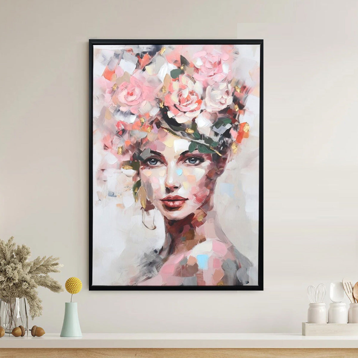 Lady With Flower Hat Canvas Wall Painting (Pink)