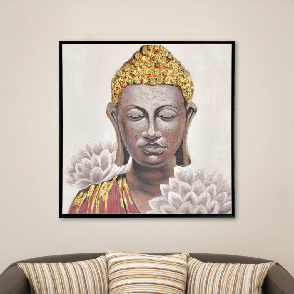 Buddha With Flower Canvas Wall Painting (Multicolor)