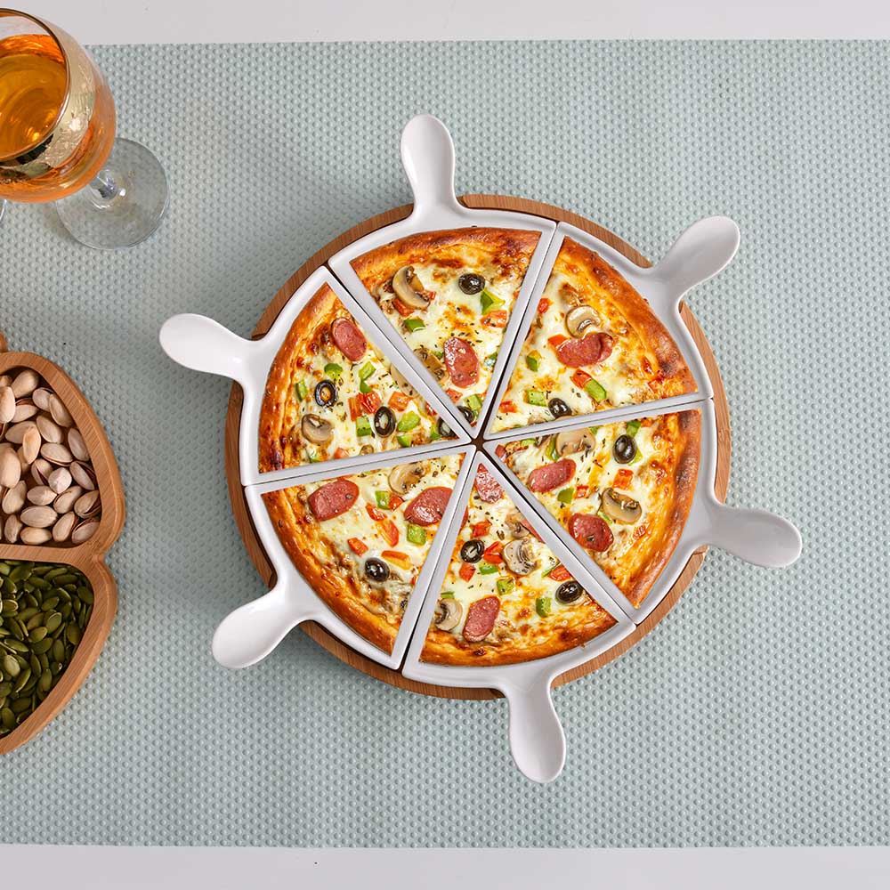 Ceramic Pizza Serving Platter with Bamboo Base (White)