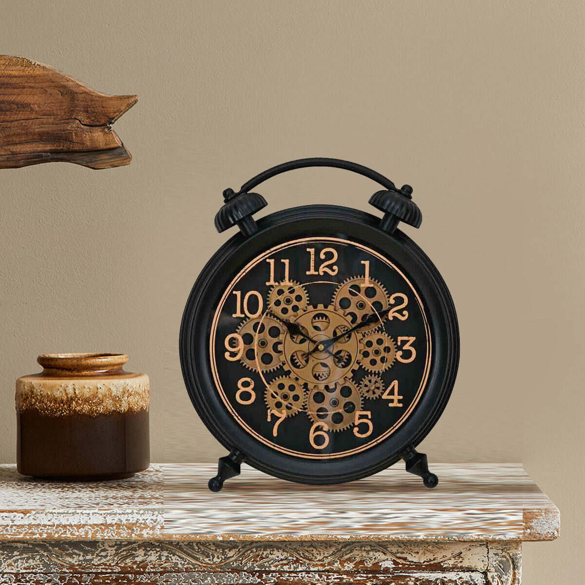 Vintage Moving Gear Analog Table Clock (Black & Gold)