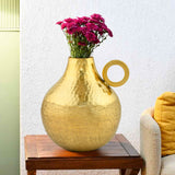 Criss Cross Textured Matki Shaped Small Metal Vase (Gold)