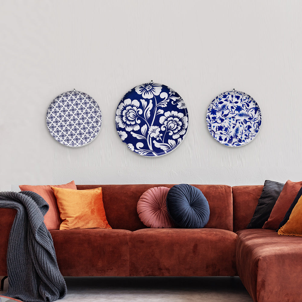 Floral Metal Wall Decor Plates Set of 3 (Blue)