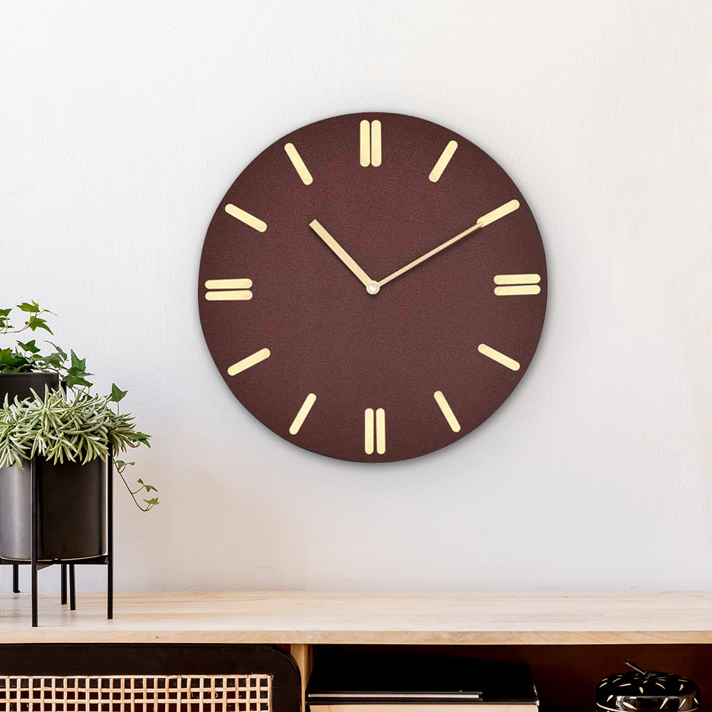 Round Wooden and Leatherette Analog Wall Clock (Brown)