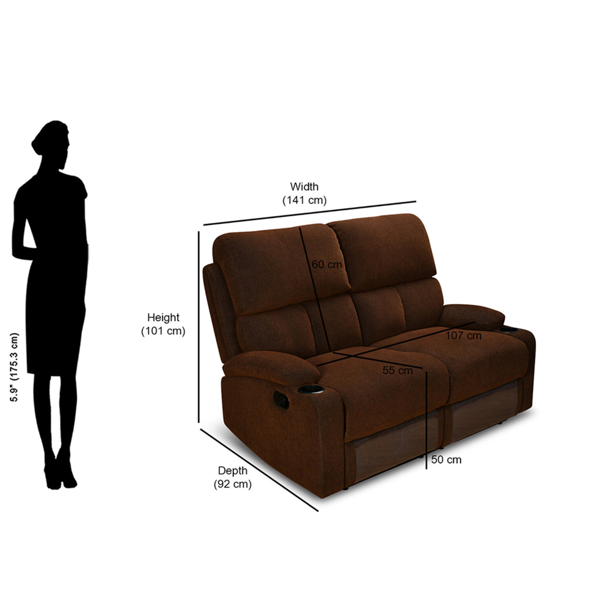 Matt 2 Seater Recliner Sofa with Cup Holder (Cocoa)