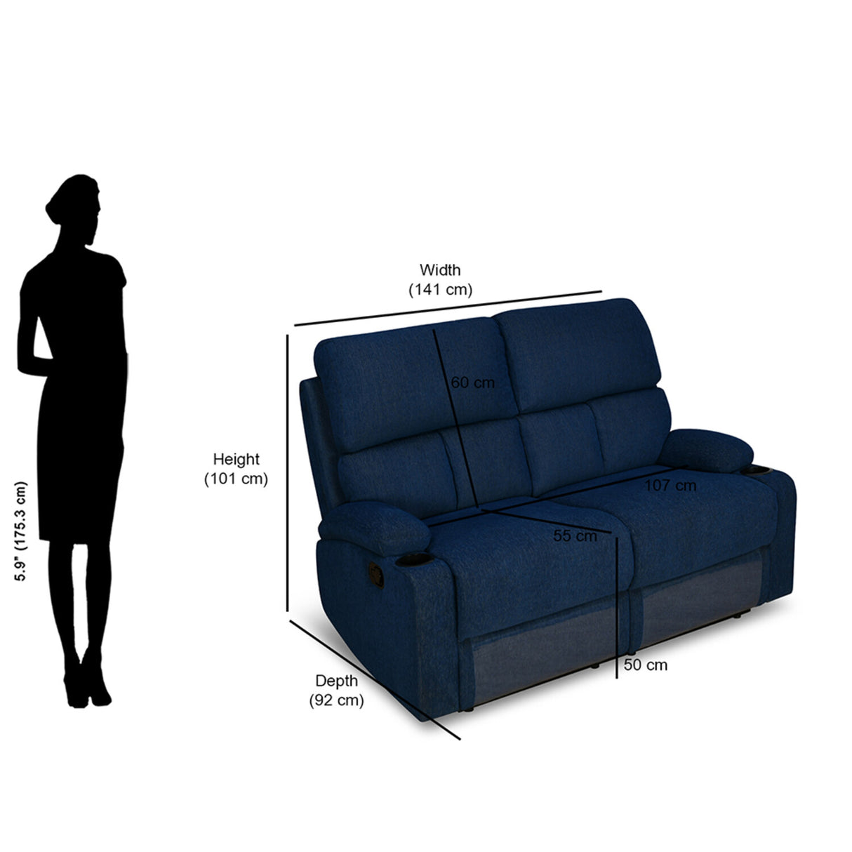 Matt 2 Seater Recliner Sofa with Cup Holder (Blue)