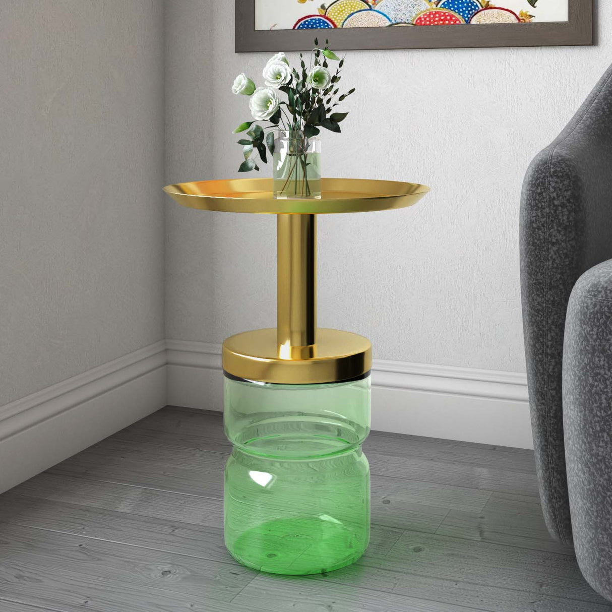 Leda Metal Top & Glass Base Side Table (Green & Gold)