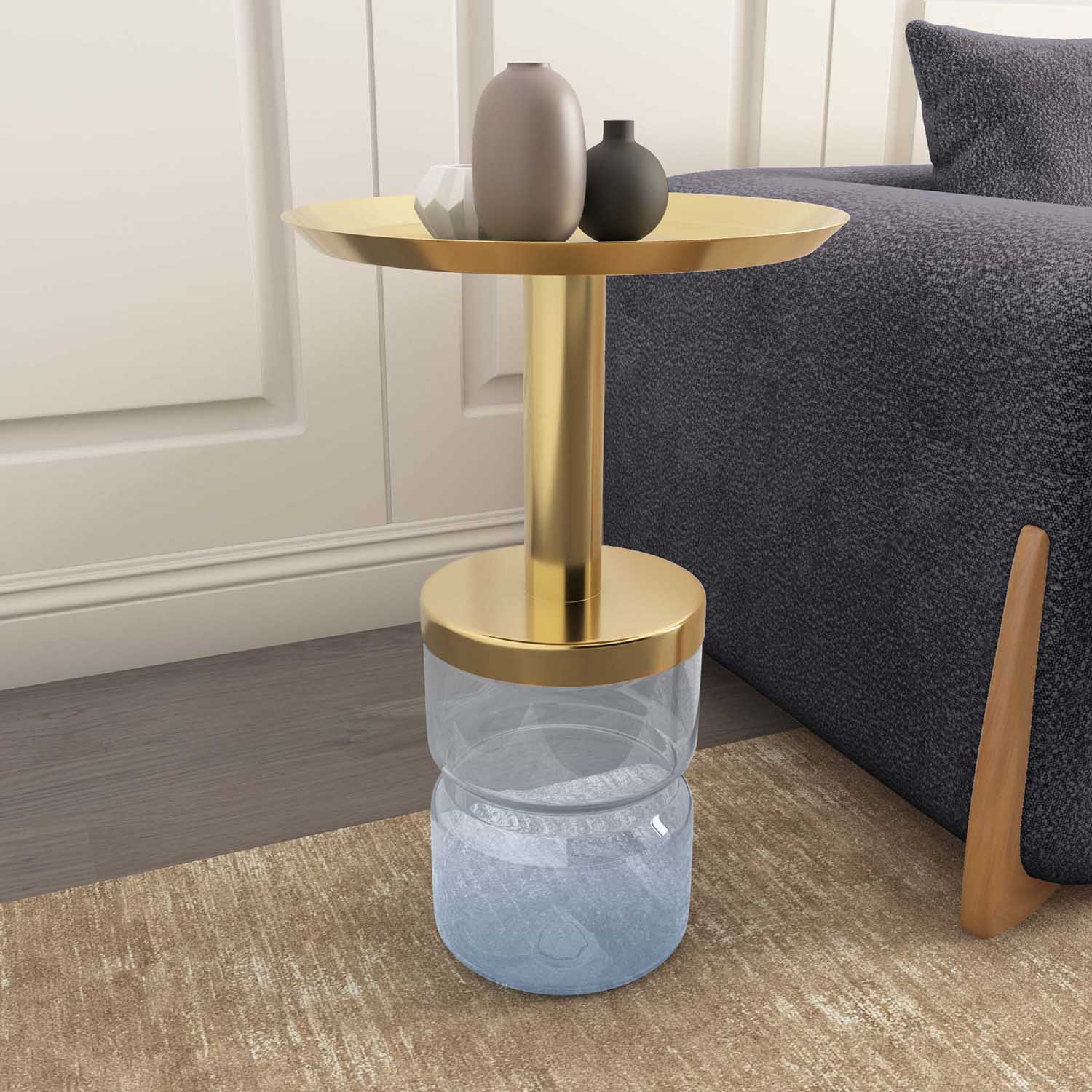 Leda Metal Top & Glass Base Side Table (Violet & Gold)