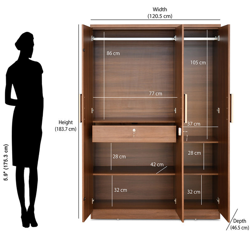 Nilkamal Rova 3 Door Wardrobe with Mirror (Walnut)