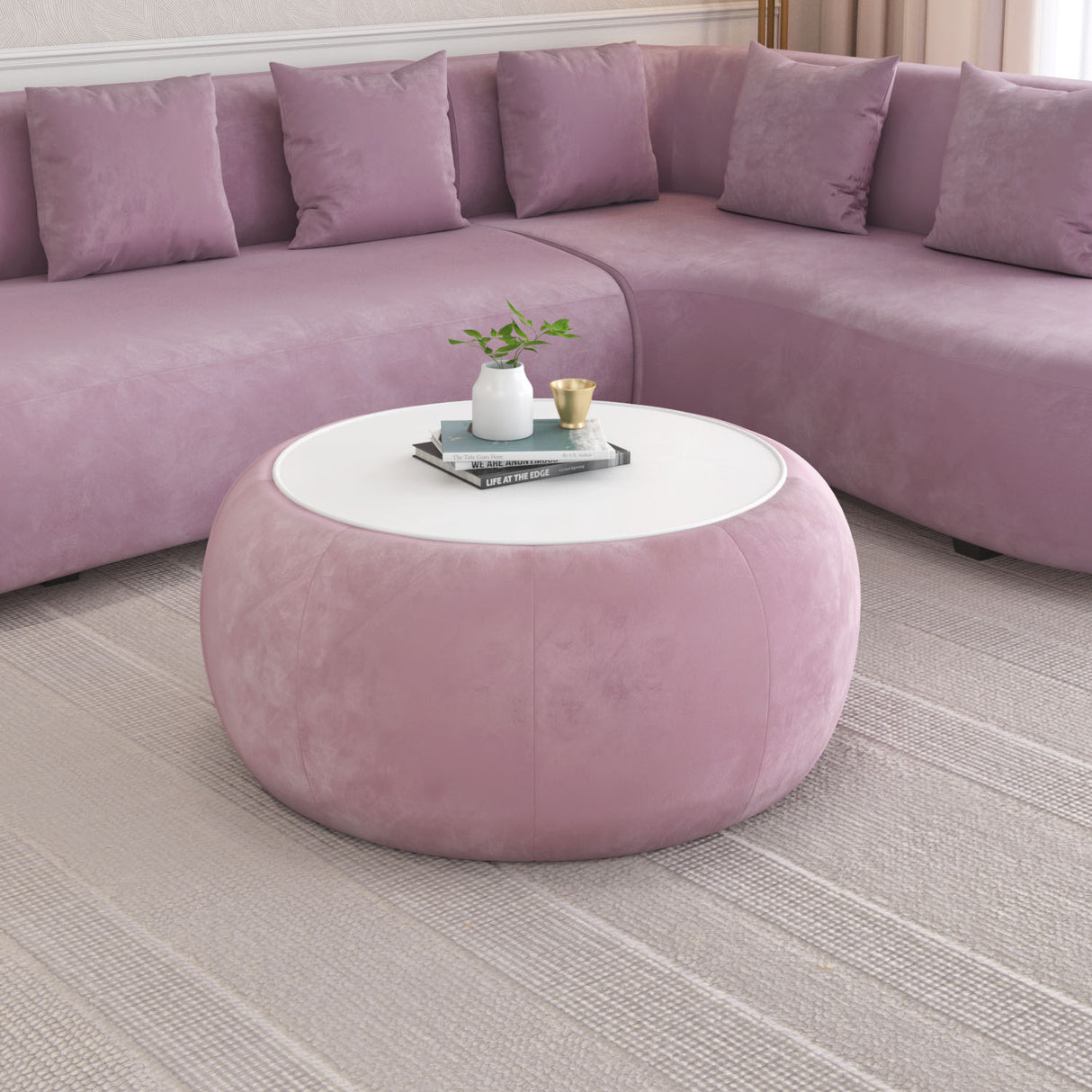 Arias by Lara Dutta Lorenza Upholstered Center Table with Glass Top (Onion Pink)