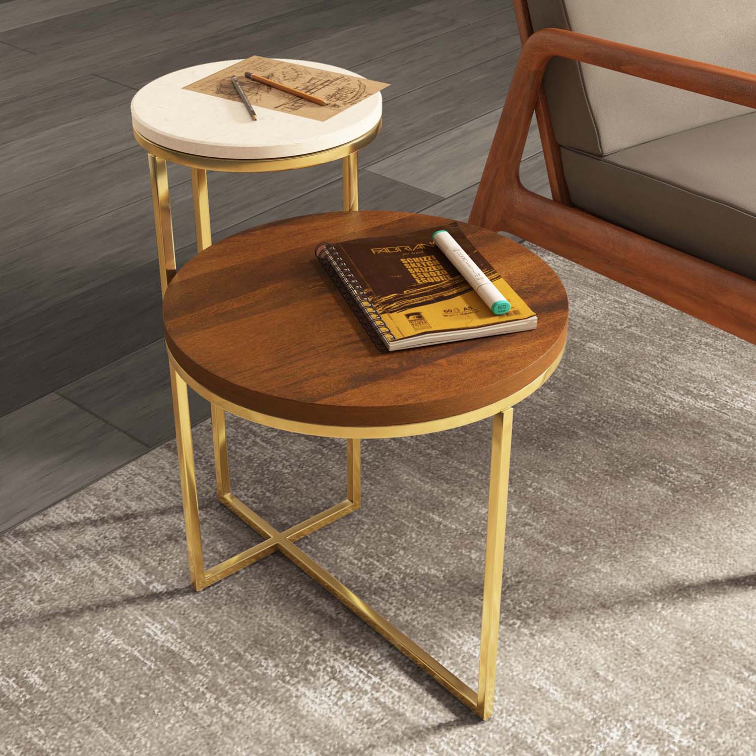 Mobo 2 Tier Ceramic and Mango Wood Top Side Table (Gold)