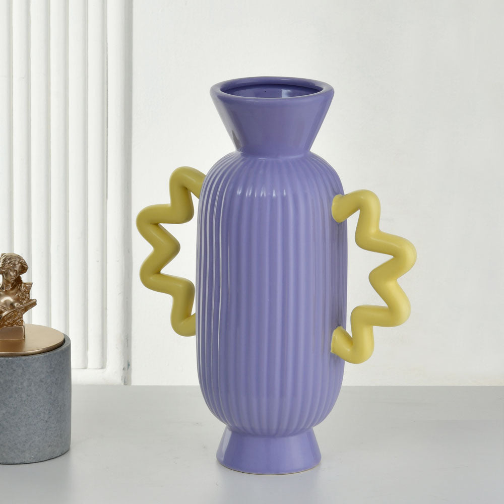 Decorative Fluted Design Dolomite Vase With 2 Curvy Handles (Purple & Yellow)