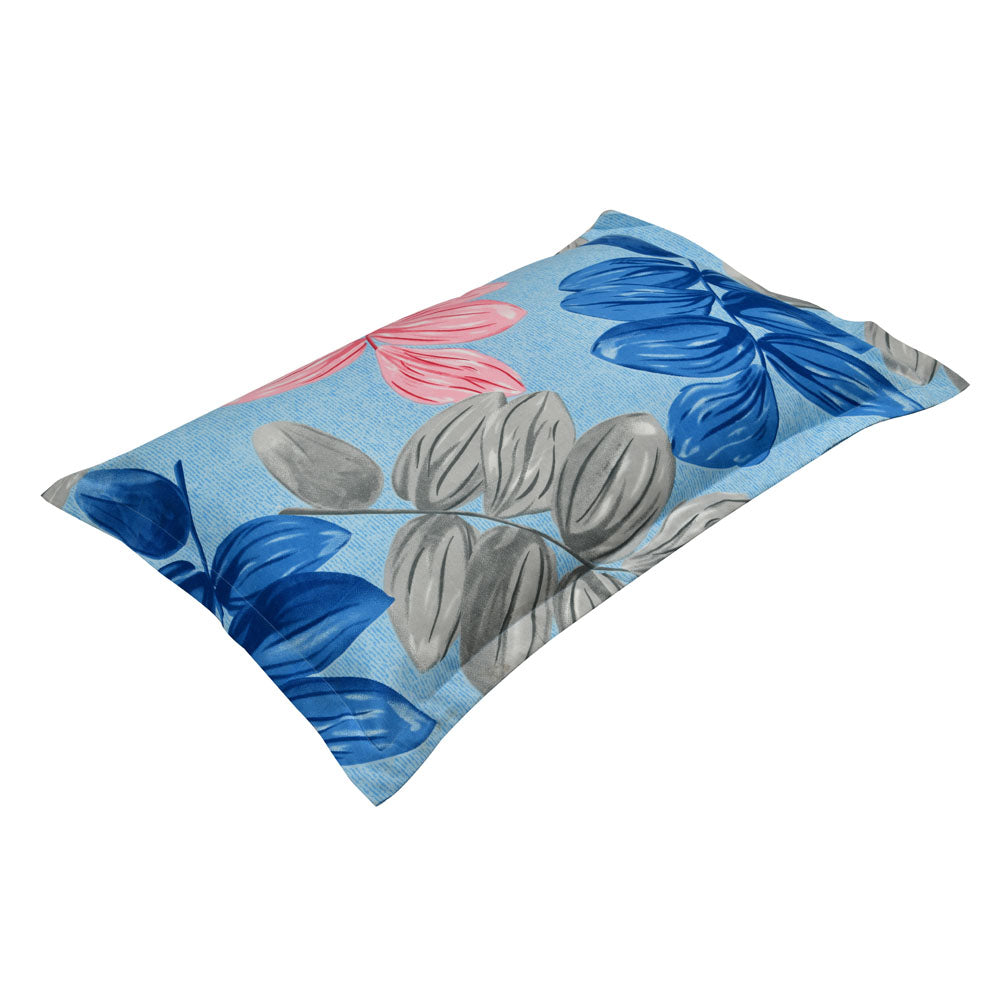 Leaf Design Polyester King Bedsheet with 2 Pillow Covers (Blue)