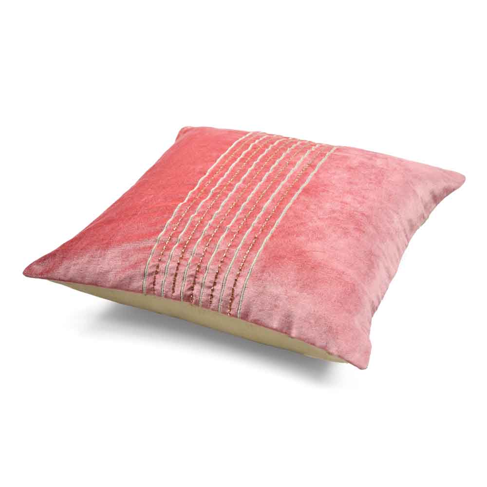 Embroidered Cotton Polyester 16" x 16" Cushion Cover (Pink)