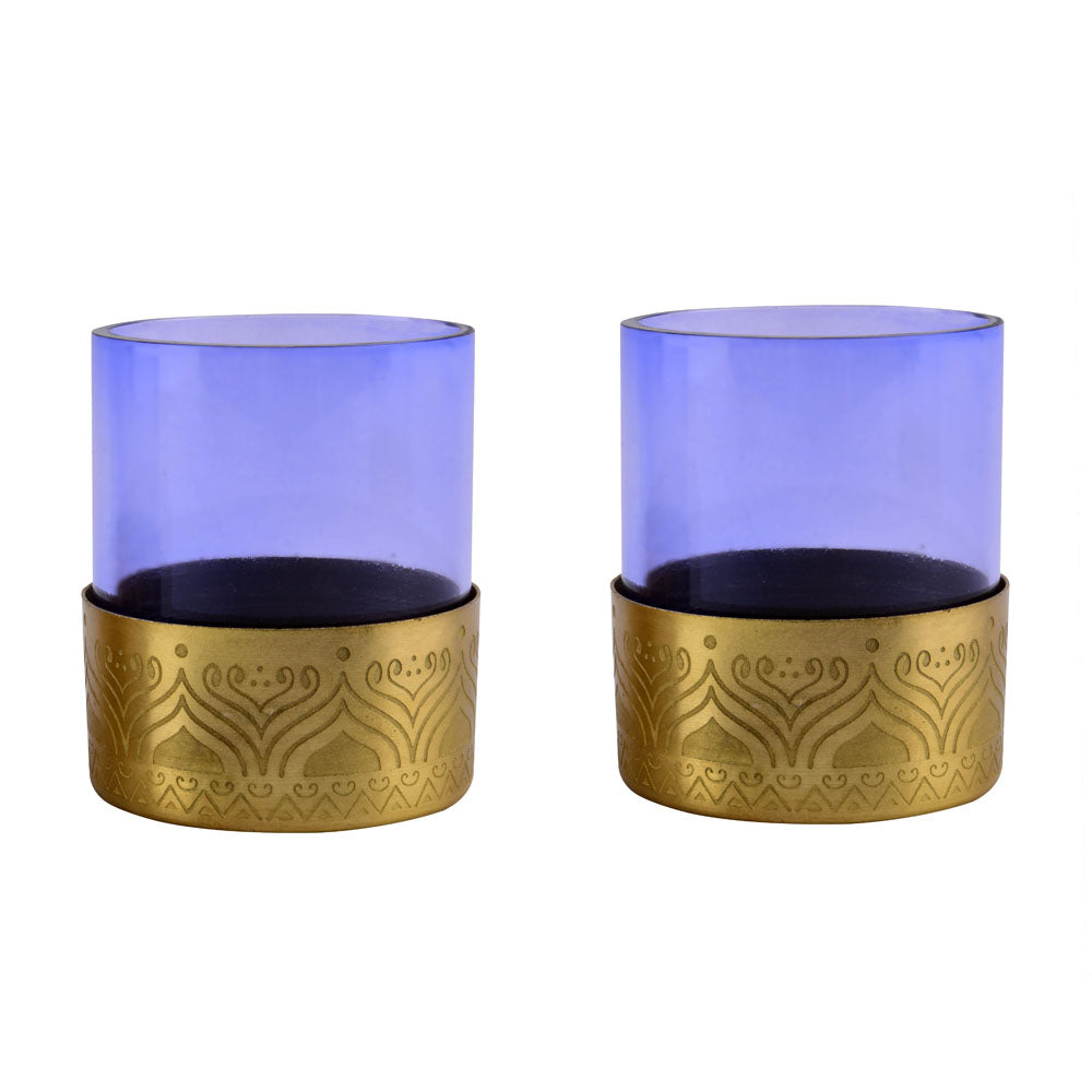 Decorative Metal & Glass Votive Set of 2 (Purple & Gold)