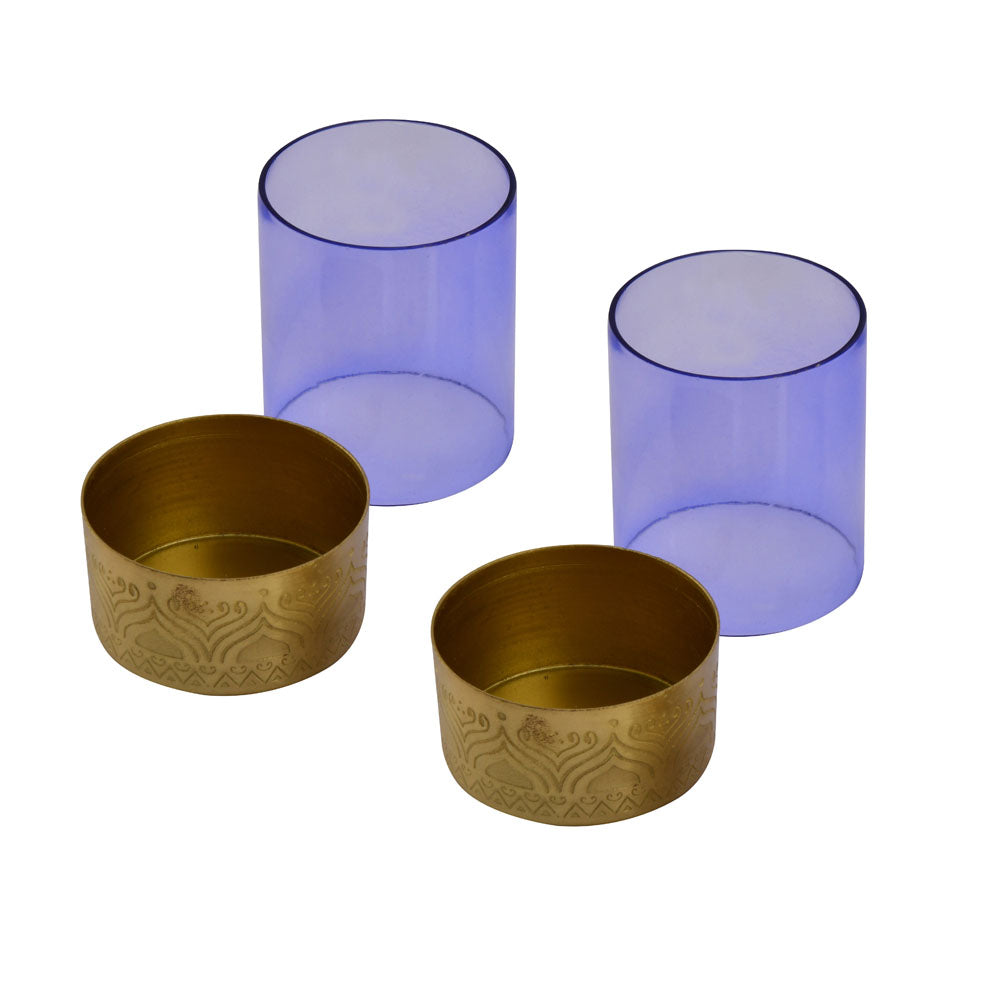 Decorative Metal & Glass Votive Set of 2 (Purple & Gold)