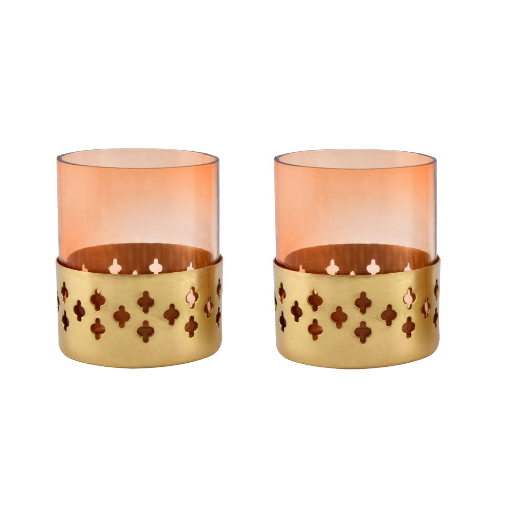 Decorative Mughal Jali Metal & Glass Votive Set of 2 (Peach & Gold)