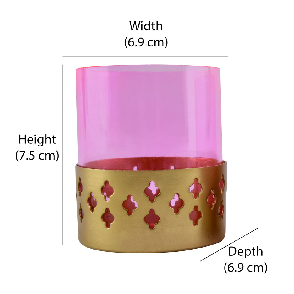 Decorative Mughal Jali Metal & Glass Votive Set of 2 (Pink & Gold)