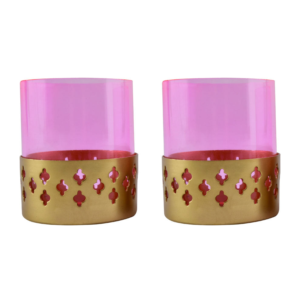 Decorative Mughal Jali Metal & Glass Votive Set of 2 (Pink & Gold)