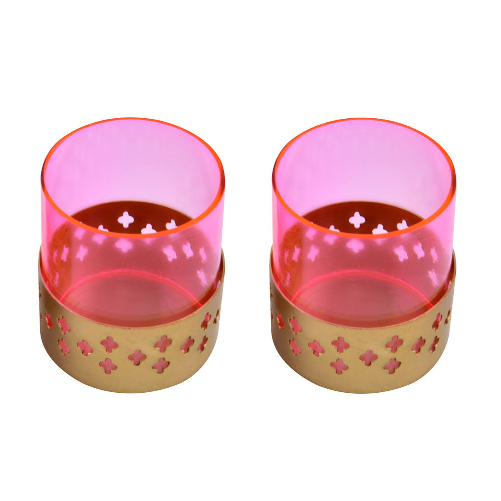 Decorative Mughal Jali Metal & Glass Votive Set of 2 (Pink & Gold)