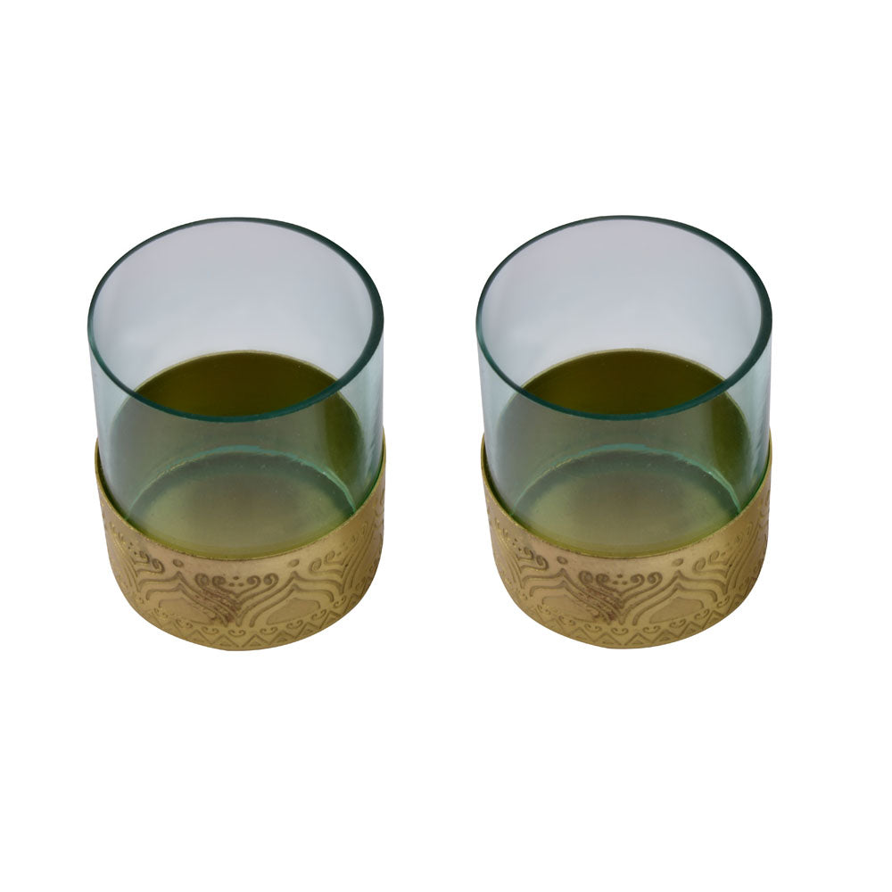 Decorative Metal & Glass Votive Set of 2 (Green & Gold)