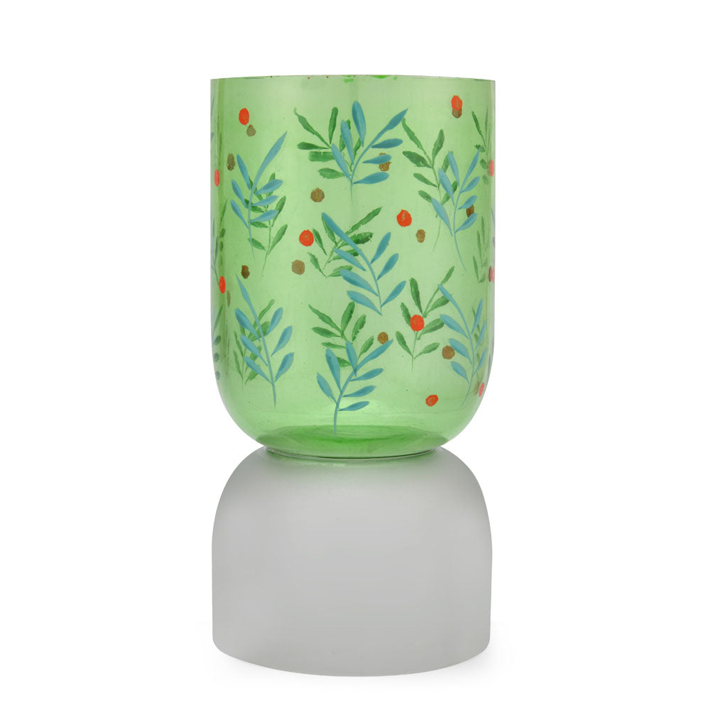 Hand-Painted Dual Arch Leaf Design Glass Candle Holder (Green)