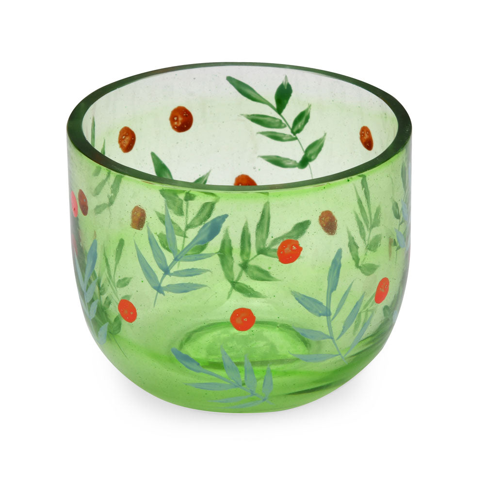 Hand-Painted Leaf Design Glass Votive (Green)