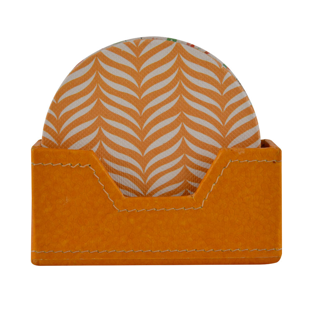 Leaf Design Round Shaped Coasters Set of 4 (Orange)