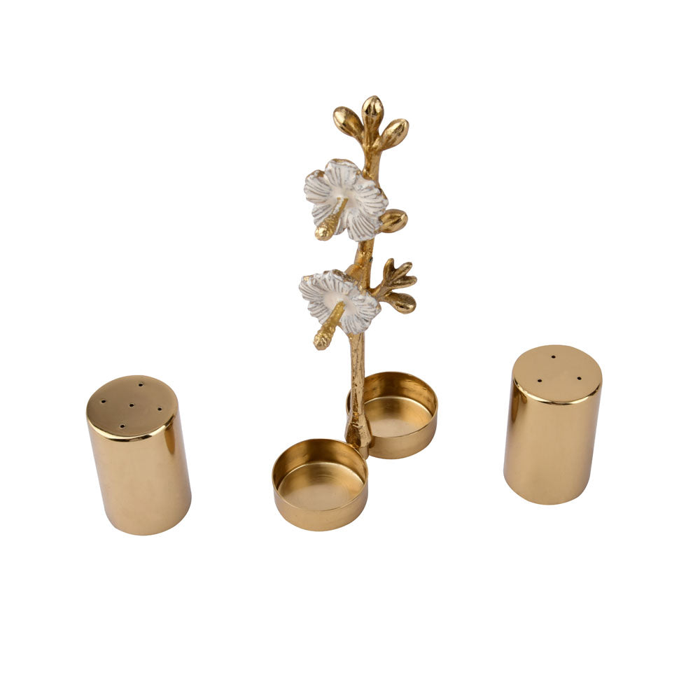 Decorative Floral Design Salt and Pepper Container Set (Gold)