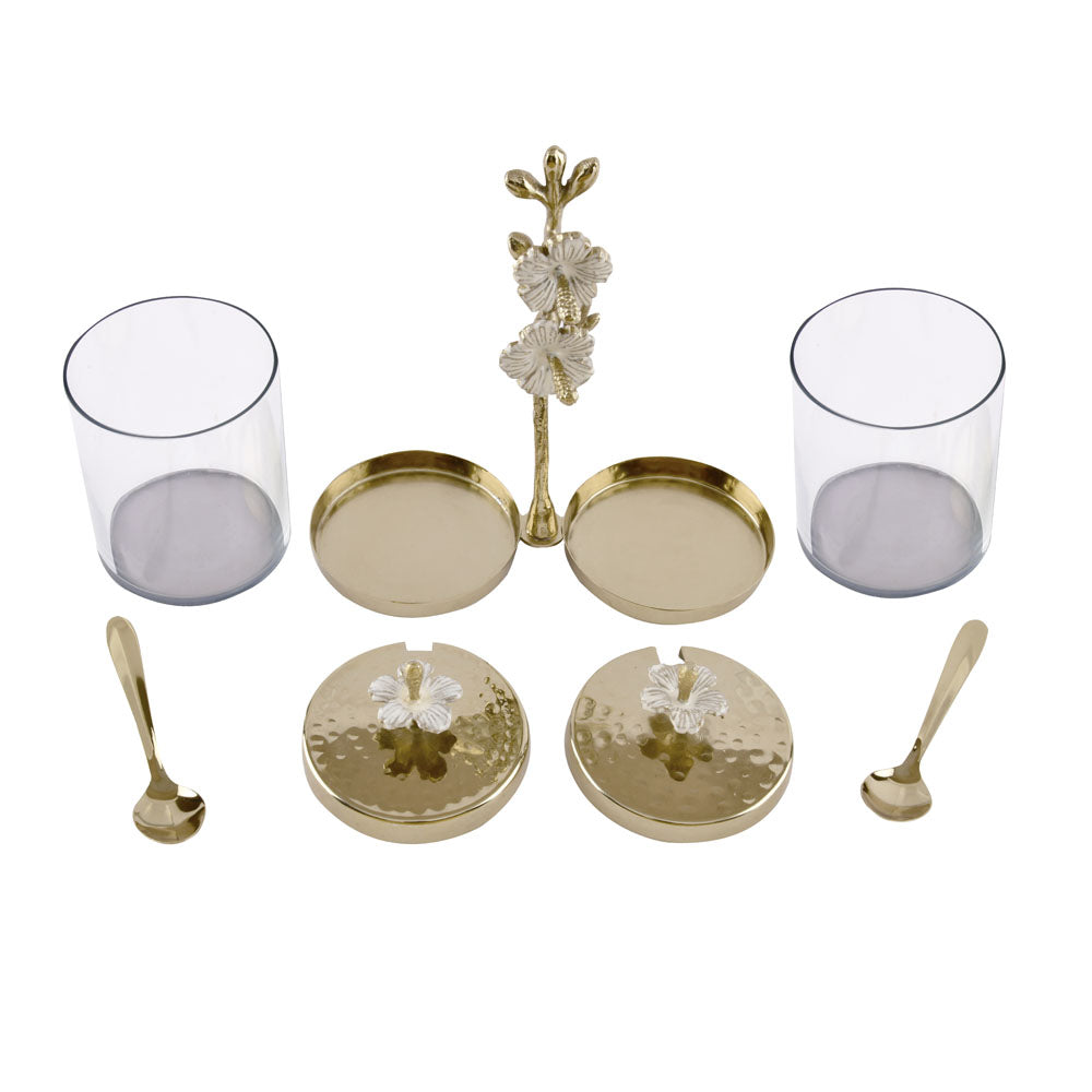 Decorative Floral Metal & Glass Condiment Set (Transparent & Gold)