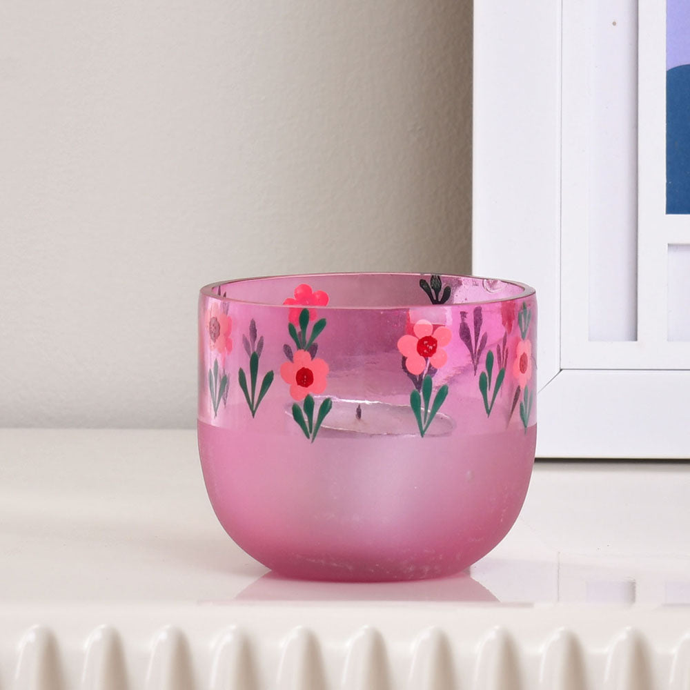 Hand-Painted Floral Glass Votive (Pink)