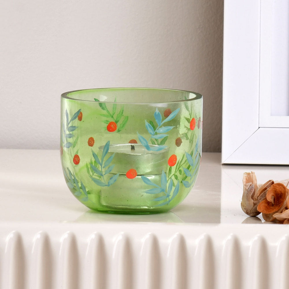 Hand-Painted Leaf Design Glass Votive (Green)